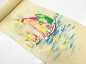 アンティーク　紗　手描き　ヨット模様　八寸帯地反物